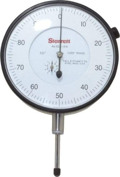 Starrett - 1" Range, 0-100 Dial Reading, 0.001" Graduation Dial Drop Indicator - 3-5/8" Dial, 0.1" Range per Revolution - Makers Industrial Supply