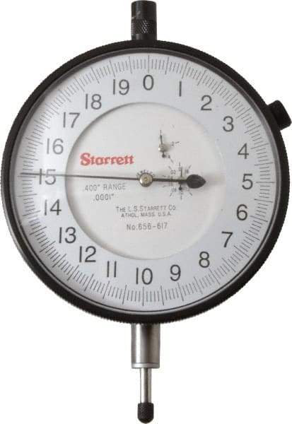 Starrett - 0.4" Range, 0-20 Dial Reading, 0.0001" Graduation Dial Drop Indicator - 3-5/8" Dial, 0.02" Range per Revolution - Makers Industrial Supply