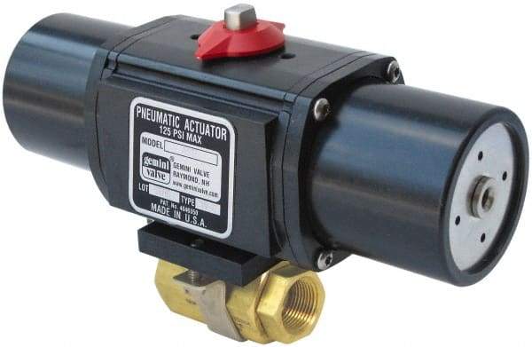 Gemini Valve - 2" Pipe, 720 psi WOG Rating Brass Pneumatic Spring Return with Solenoid Actuated Ball Valve - Reinforced PTFE Seal, Standard Port, Threaded (NPT) End Connection - Makers Industrial Supply