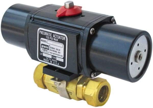 Gemini Valve - 3/8" Pipe, 1,000 psi WOG Rating Brass Pneumatic Spring Return with Solenoid Actuated Ball Valve - Reinforced PTFE Seal, Full Port, TYLOK (Compression) End Connection - Makers Industrial Supply