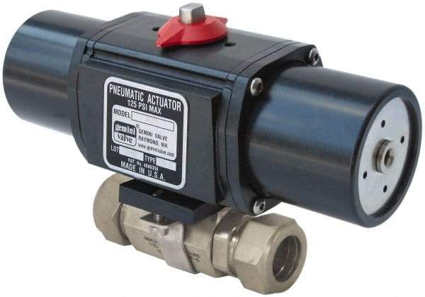 Gemini Valve - 1/2" Pipe, 1,000 psi WOG Rating Stainless Steel Pneumatic Spring Return with Solenoid Actuated Ball Valve - Reinforced PTFE Seal, Standard Port - Makers Industrial Supply