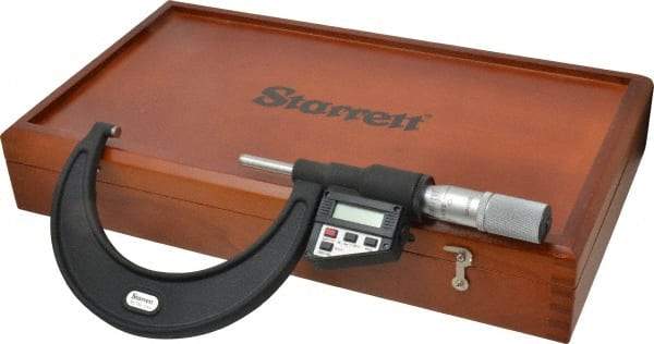 Starrett - 3 to 4" Range, 0.0001" Resolution, Standard Throat, Electronic Outside Micrometer - 0.0002" Accuracy, Friction Thimble, Micro Lapped Carbide Face, CR2450 Battery, Data Output, Includes 3V Battery - Makers Industrial Supply