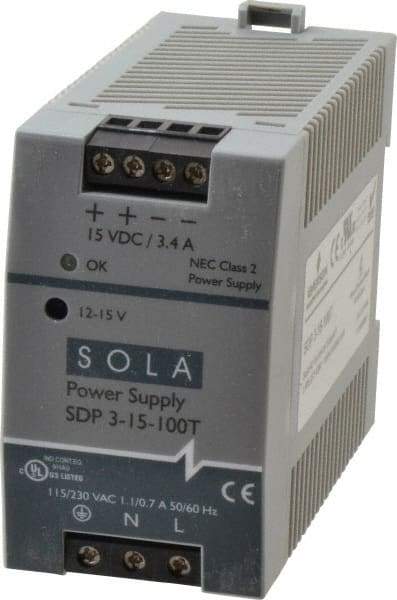 Sola/Hevi-Duty - 100 Watt, 4.2 to 3.4 Amp, 264 VAC, 375 VDC Input, 12 to 15 VDC Output, DIN Rail Power Supply - Screw Terminal Connection, 1 Output, 1.77 Inch Wide x 3.58 Inch Deep x 2.95 Inch High, Up to 86% Efficiency, 14 to 140°F, Green LED Display - Makers Industrial Supply