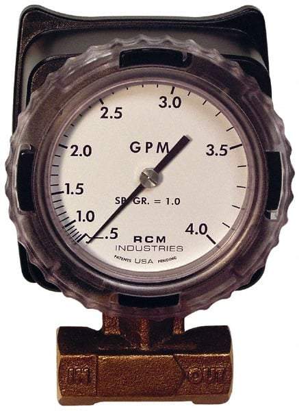 Made in USA - 1/2" NPT Port RCM Industries Flo-Gage Flowmeter - 180 Max psi, 0.5 to 4 GPM, Bronze - Makers Industrial Supply