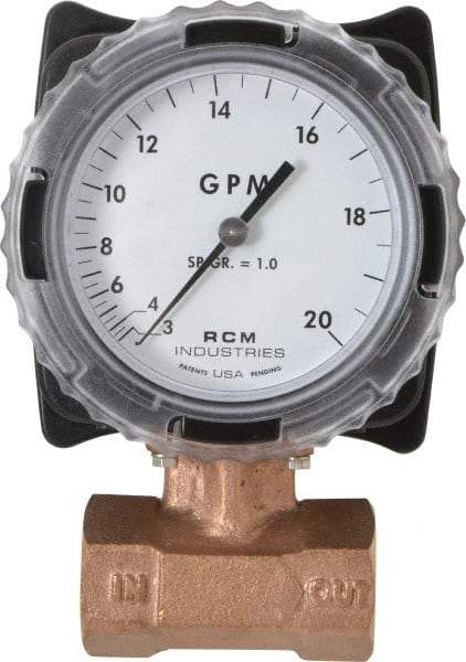 Made in USA - 1" NPT Port RCM Industries Flo-Gage Flowmeter - 180 Max psi, 3 to 20 GPM, Bronze - Makers Industrial Supply