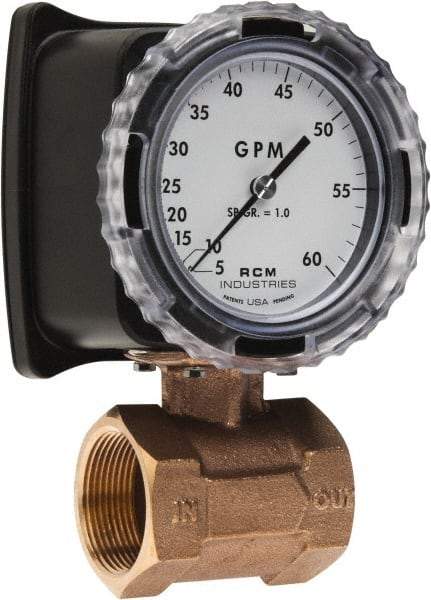 Made in USA - 1-1/2" NPT Port RCM Industries Flo-Gage Flowmeter - 180 Max psi, 5 to 60 GPM, Bronze - Makers Industrial Supply