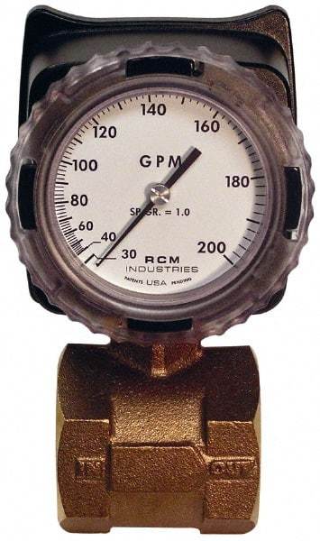 Made in USA - 2" NPT Port RCM Industries Flo-Gage Flowmeter - 180 Max psi, 30 to 200 GPM, Bronze - Makers Industrial Supply