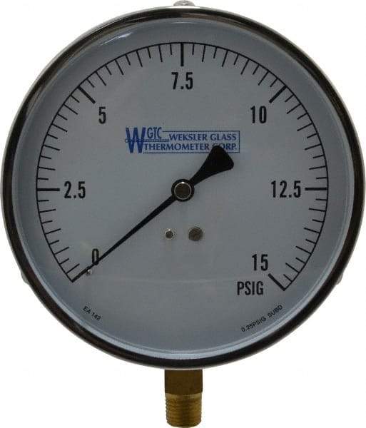 WGTC - 4-1/2" Dial, 1/4 Thread, 0-15 Scale Range, Pressure Gauge - Lower Connection Mount, Accurate to 1% of Scale - Makers Industrial Supply