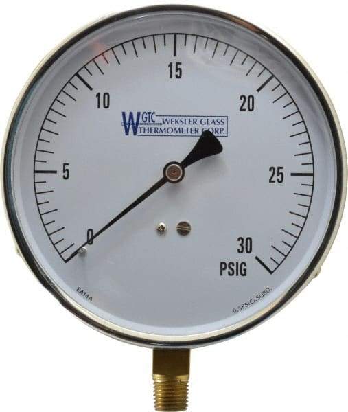 WGTC - 4-1/2" Dial, 1/4 Thread, 0-30 Scale Range, Pressure Gauge - Lower Connection Mount, Accurate to 1% of Scale - Makers Industrial Supply