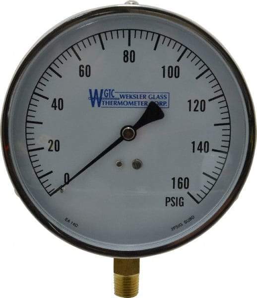 WGTC - 4-1/2" Dial, 1/4 Thread, 0-160 Scale Range, Pressure Gauge - Lower Connection Mount, Accurate to 1% of Scale - Makers Industrial Supply