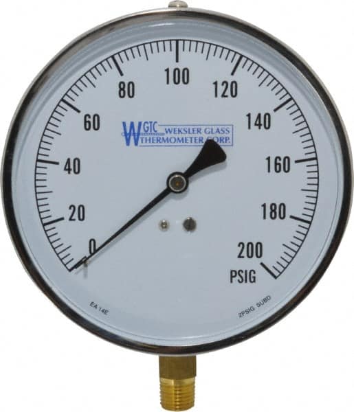 WGTC - 4-1/2" Dial, 1/4 Thread, 0-200 Scale Range, Pressure Gauge - Lower Connection Mount, Accurate to 1% of Scale - Makers Industrial Supply