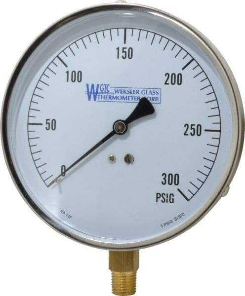 WGTC - 4-1/2" Dial, 1/4 Thread, 0-300 Scale Range, Pressure Gauge - Lower Connection Mount, Accurate to 1% of Scale - Makers Industrial Supply