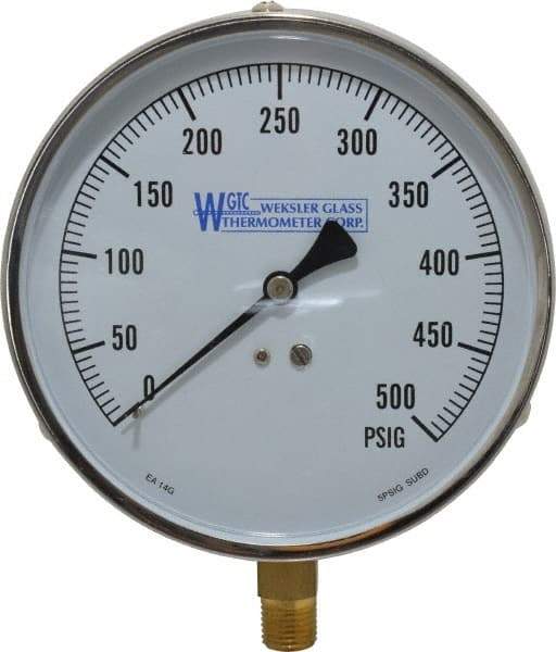 WGTC - 4-1/2" Dial, 1/4 Thread, 0-500 Scale Range, Pressure Gauge - Lower Connection Mount, Accurate to 1% of Scale - Makers Industrial Supply