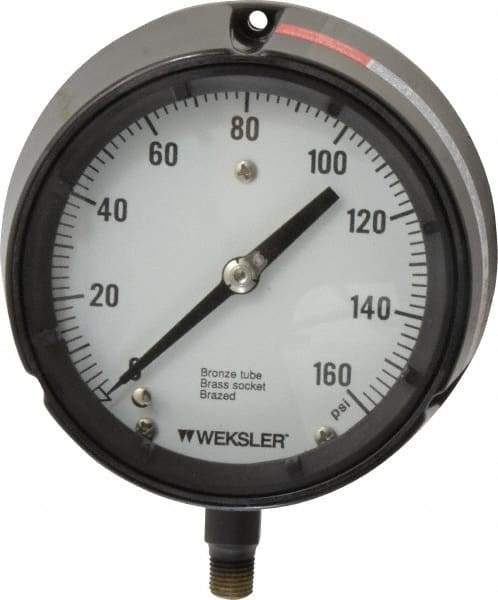 Made in USA - 4-1/2" Dial, 1/4 Thread, 0-160 Scale Range, Pressure Gauge - Lower Connection Mount, Accurate to 1% of Scale - Makers Industrial Supply