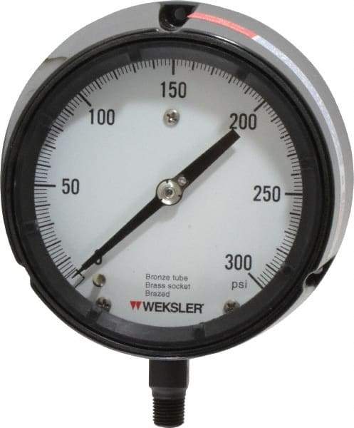 Made in USA - 4-1/2" Dial, 1/4 Thread, 0-300 Scale Range, Pressure Gauge - Lower Connection Mount, Accurate to 1% of Scale - Makers Industrial Supply