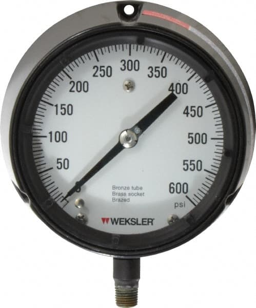 Made in USA - 4-1/2" Dial, 1/4 Thread, 0-600 Scale Range, Pressure Gauge - Lower Connection Mount, Accurate to 1% of Scale - Makers Industrial Supply