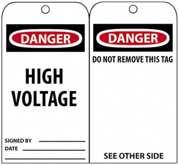 NMC - 3" High x 6" Long, DANGER - HIGH VOLTAGE, English Safety & Facility Accident Prevention Tag - Tag Header: Danger, 2 Sides, Black, Red & White Unrippable Vinyl - Makers Industrial Supply