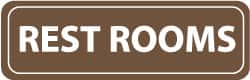 NMC - Rest Rooms, 11" Wide x 3.5" High, Acrylic Sign - English, White on Brown, Wall Mount - Makers Industrial Supply