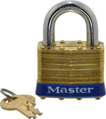 Master Lock - 1" Shackle Clearance, Keyed Alike Laminated Brass Padlock - 3/8" Shackle Diam, Brass - Makers Industrial Supply