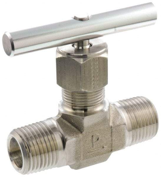 Parker - 5,000 Max psi, 1/2" Pipe, 316 Grade Stainless Steel, Inline Instrumentation Needle Valve - MNPT x MNPT End Connections - Makers Industrial Supply