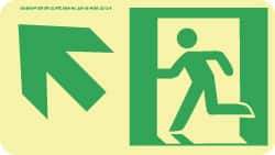 NMC - Left Side Stick Figure in Doorway, Up Left Arrow (Graphic), Polyester Exit Sign - 8" Wide x 4-1/2" High, Glow-in-the-Dark - Makers Industrial Supply