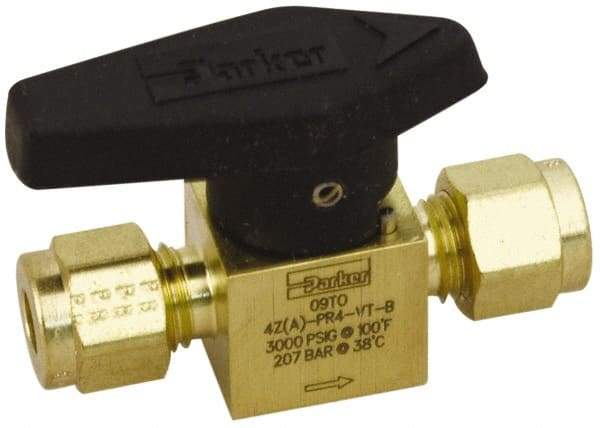 Parker - 1/4" Pipe, 3,000 psi WOG Rating, Brass, Inline, One Way Instrumentation Plug Valve - Wedge Handle, Compression x Compression CPI End Connections, Viton Seal - Makers Industrial Supply