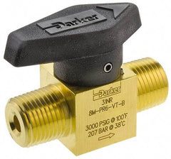 Parker - 1/8" Pipe, 3,000 psi WOG Rating, Brass, Inline, One Way Instrumentation Plug Valve - Wedge Handle, MNPT x MNPT End Connections, Viton Seal - Makers Industrial Supply