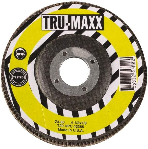 Tru-Maxx - 60 Grit, 4-1/2" Disc Diam, 7/8" Center Hole, Type 29 Flap Disc - 13,300 Max RPM, Arbor Attaching System, Coated - Makers Industrial Supply