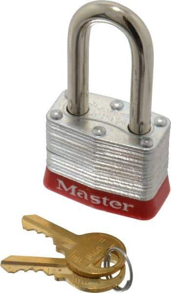 Master Lock - Keyed Alike Retaining Key Conductive Lockout Padlock - 1-1/2" Shackle Clearance, 9/32" Shackle Diam, 1-1/4" Body Height x 1-9/16" Body Width, Red, 4 Pins - Makers Industrial Supply