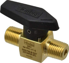 Parker - 1/4" Pipe, 3,000 psi WOG Rating, Brass, Inline, One Way Instrumentation Plug Valve - Wedge Handle, MNPT x MNPT End Connections, Viton Seal - Makers Industrial Supply