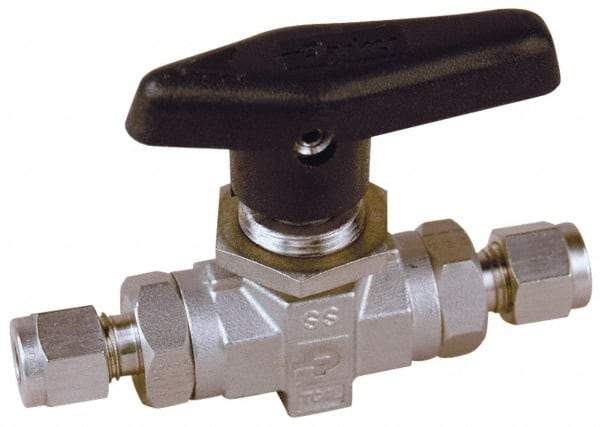 Parker - 1/2" Pipe, Stainless Steel, Inline, Two Way Flow, Instrumentation Ball Valve - 6,000 psi WOG Rating, Wedge Handle, PTFE Seal, PTFE Seat - Makers Industrial Supply