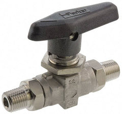 Parker - 1/8" Pipe, MNPT x MNPT End Connections, Stainless Steel, Inline, Two Way Flow, Instrumentation Ball Valve - 6,000 psi WOG Rating, Wedge Handle, PTFE Seal, PTFE Seat - Makers Industrial Supply