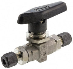 Parker - 1/4" Pipe, Compression x Compression CPI End Connections, Stainless Steel, Inline, Two Way Flow, Instrumentation Ball Valve - 6,000 psi WOG Rating, Wedge Handle, PTFE Seal, PTFE Seat - Makers Industrial Supply