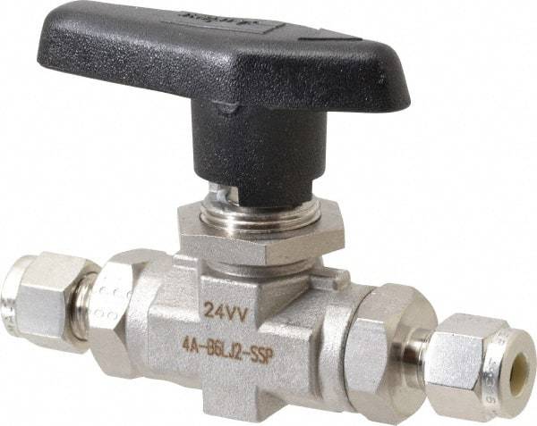 Parker - 1/4" Pipe, Stainless Steel, Inline, Two Way Flow, Instrumentation Ball Valve - 6,000 psi WOG Rating, Wedge Handle, PTFE Seal, PTFE Seat - Makers Industrial Supply