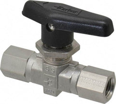 Parker - 1/4" Pipe, FNPT x FNPT End Connections, Stainless Steel, Inline, Two Way Flow, Instrumentation Ball Valve - 6,000 psi WOG Rating, Wedge Handle, PTFE Seal, PTFE Seat - Makers Industrial Supply