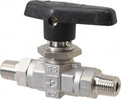 Parker - 1/4" Pipe, MNPT x MNPT End Connections, Stainless Steel, Inline, Two Way Flow, Instrumentation Ball Valve - 6,000 psi WOG Rating, Wedge Handle, PTFE Seal, PTFE Seat - Makers Industrial Supply