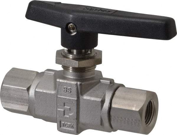 Parker - 3/8" Pipe, FNPT x FNPT End Connections, Stainless Steel, Inline, Two Way Flow, Instrumentation Ball Valve - 6,000 psi WOG Rating, Wedge Handle, PTFE Seal, PTFE Seat - Makers Industrial Supply