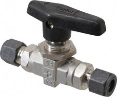 Parker - 3/8" Pipe, Compression x Compression CPI End Connections, Stainless Steel, Inline, Two Way Flow, Instrumentation Ball Valve - 6,000 psi WOG Rating, Wedge Handle, PTFE Seal, PTFE Seat - Makers Industrial Supply