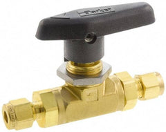 Parker - 1/8" Pipe, Compression x Compression CPI End Connections, Brass, Inline, Two Way Flow, Instrumentation Ball Valve - 3,000 psi WOG Rating, Wedge Handle, PTFE Seal, PTFE Seat - Makers Industrial Supply