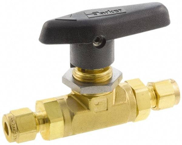 Parker - 1/8" Pipe, Brass, Inline, Two Way Flow, Instrumentation Ball Valve - 3,000 psi WOG Rating, Wedge Handle, PTFE Seal, PTFE Seat - Makers Industrial Supply