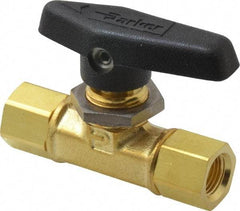 Parker - 1/8" Pipe, FNPT x FNPT End Connections, Brass, Inline, Two Way Flow, Instrumentation Ball Valve - 3,000 psi WOG Rating, Wedge Handle, PTFE Seal, PTFE Seat - Makers Industrial Supply