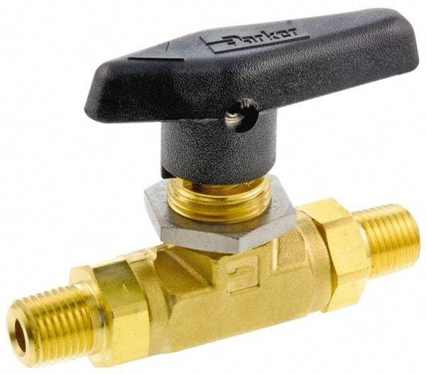 Parker - 1/8" Pipe, MNPT x MNPT End Connections, Brass, Inline, Two Way Flow, Instrumentation Ball Valve - 3,000 psi WOG Rating, Wedge Handle, PTFE Seal, PTFE Seat - Makers Industrial Supply