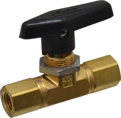 Parker - 1/4" Pipe, FNPT x FNPT End Connections, Brass, Inline, Two Way Flow, Instrumentation Ball Valve - 3,000 psi WOG Rating, Wedge Handle, PTFE Seal, PTFE Seat - Makers Industrial Supply