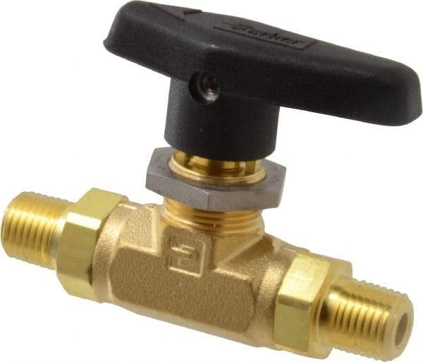 Parker - 1/4" Pipe, MNPT x MNPT End Connections, Brass, Inline, Two Way Flow, Instrumentation Ball Valve - 3,000 psi WOG Rating, Wedge Handle, PTFE Seal, PTFE Seat - Makers Industrial Supply