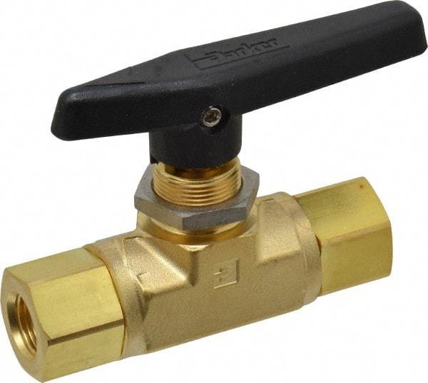 Parker - 3/8" Pipe, FNPT x FNPT End Connections, Brass, Inline, Two Way Flow, Instrumentation Ball Valve - 3,000 psi WOG Rating, Wedge Handle, PTFE Seal, PTFE Seat - Makers Industrial Supply