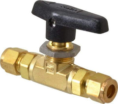 Parker - 3/8" Pipe, Compression x Compression CPI End Connections, Brass, Inline, Two Way Flow, Instrumentation Ball Valve - 3,000 psi WOG Rating, Wedge Handle, PTFE Seal, PTFE Seat - Makers Industrial Supply