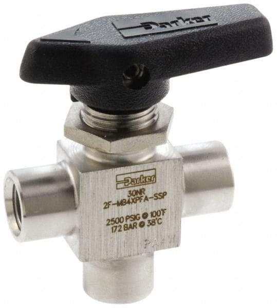 Parker - 1/8" Pipe, FNPT x FNPT x FNPT End Connections, Stainless Steel, Three Way, Instrumentation Ball Valve - 2,500 psi WOG Rating, Wedge Handle, PFA Seat - Makers Industrial Supply