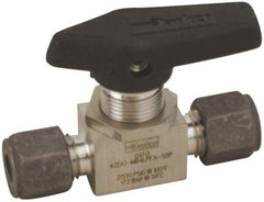 Parker - 1/4" Pipe, Compression x Compression CPI End Connections, Stainless Steel, Inline, Two Way Flow, Instrumentation Ball Valve - 2,500 psi WOG Rating, Wedge Handle, PFA Seat - Makers Industrial Supply