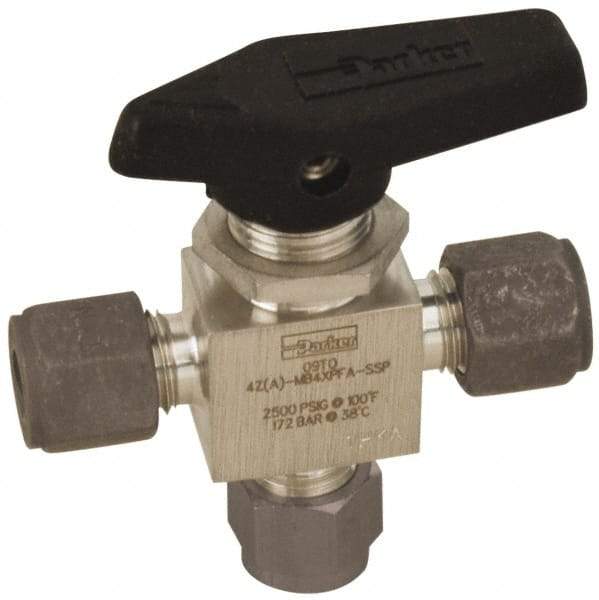 Parker - 3/8" Pipe, Compression x Compression x Compression CPI End Connections, Stainless Steel, Three Way, Instrumentation Ball Valve - 3,000 psi WOG Rating, Wedge Handle, PFA Seat - Makers Industrial Supply