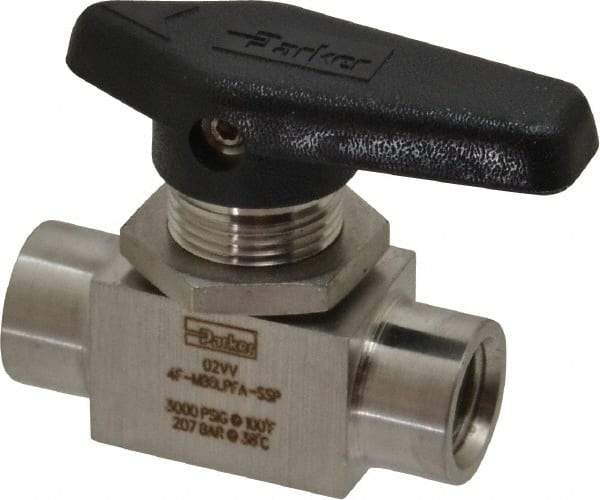 Parker - 1/4" Pipe, FNPT x FNPT End Connections, Stainless Steel, Inline, Two Way Flow, Instrumentation Ball Valve - 3,000 psi WOG Rating, Wedge Handle, PFA Seat - Makers Industrial Supply